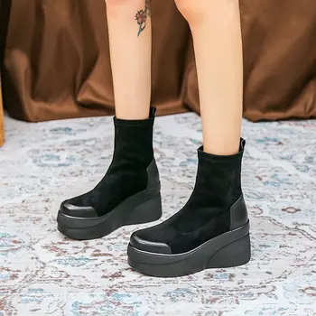 Sonbahar Bahar Kadın Ayakkabı Kadın Platformu Çizmeler Moda Yuvarlak Ayak yarım çizmeler 2023 Kış Elastik Siyah Kama Rahat