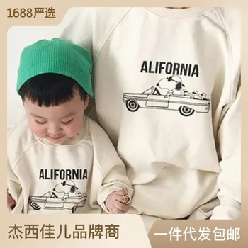 Sonbahar Ebeveyn-Çocuk Giysileri Yeni Üst Kore Tarzı Rahat Batı Tarzı Baskılı Desen Gevşek Pamuklu Kazak T-shirt erkek ve Kadın