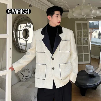 Sonbahar Kış Fransız moda elbise Ceket Erkekler Kore Streetwear Gevşek Rahat Vintage Kalınlaşmak Blazers Ceket Erkek Giyim Mont
