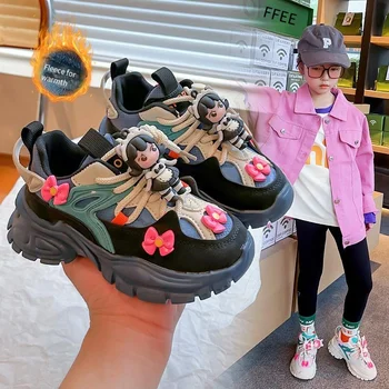 Sonbahar Kış Kızlar Sneakers 2023 Yeni Pembe Hafif Yumuşak Alt Küçük Kız tek ayakkabı Siyah Çiçek Bebek Çocuk Sneaker Ayakkabı
