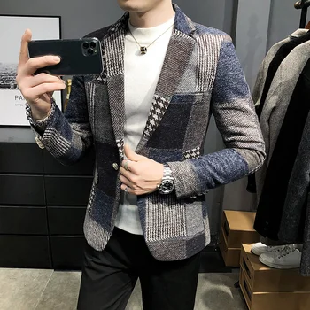 Sonbahar Kış Yeni Yün Ekose Takım Elbise Ceket Kore Moda Rahat İş Sosyal Elbise Ceket Streetwear Homme İnce Ofis Blazer