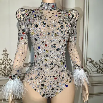 Sparkly Çok renkli Rhinestones Uzun Kollu Tüyler Bodysuit Seksi Örgü dans kostümü Performans Bodysuit Sahne Giyim