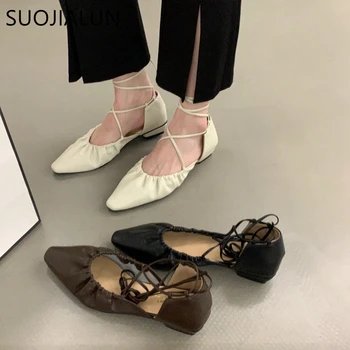 SUOJIALUN 2023 Yaz Yeni Kadın düz ayakkabı Moda Pilili Ayak Bileği Lace Up bale ayakkabıları Yumuşak Rahat Düz balerin ayakkabıları Mujer