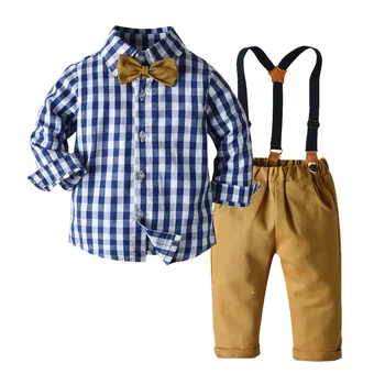 [Sıcak] çocuk Sonbahar Giyim Ekose Uzun Kollu çocuğun Pamuklu Gömlek Askı Pantolon İki Parçalı Set Resmi Elbise