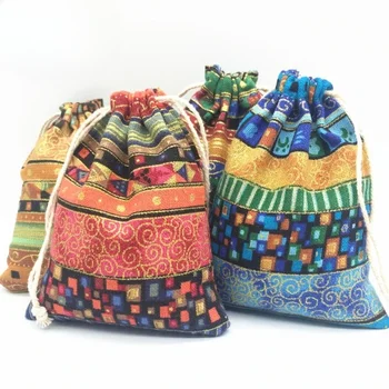 Takı çantası renkli gizemli aromaterapi takı depolama halat pamuk ve keten ulusal rüzgar küçük bez çanta