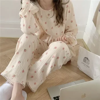 Takım elbise Setleri Şeftali Pijama Tam Stil 2 Kore Sonbahar Dantel Pantolon Adet Kadın Gece Uzun Pijama Giyer Baskı Kollu Fırfır Pijama