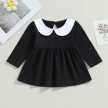 Toddler Bebek Kız cadılar bayramı kıyafetleri Bebek Yaka Siyah Uzun Kollu Gevşek evaze elbise Sonbahar günlük kıyafetler