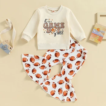 Toddler Bebek Kız Futbol Giysileri Uzun Kollu Mektup Baskı Kazak ve Çan Dipleri Pantolon Oyun Günü Kıyafet