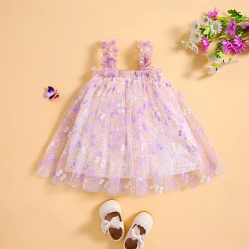 Toddler Bebek Kız Tül Prenses Elbise Sevimli Kolsuz Cami Örgü Elbise Çocuk Kelebek Yaprakları Baskı yaz elbisesi Kıyafetler