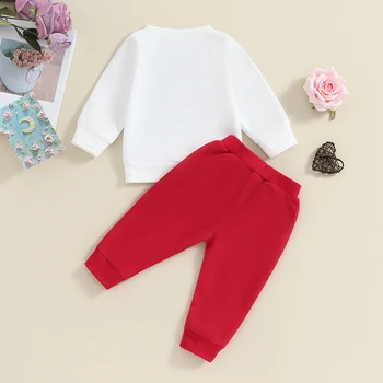Toddler Erkek Bebek Kız Sevgililer Günü Kıyafet Aşk Mektubu Baskı Kazak Uzun Kollu Kazak Üst koşucu pantolonu Seti