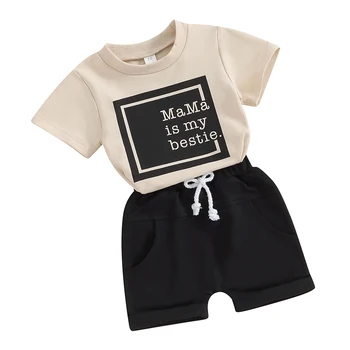 Toddler Erkek Bebek Yaz Kıyafet Mama Benim Bestie Kısa Kollu T Gömlek Elastik şort takımı Sevimli Bebek Yenidoğan Giysileri