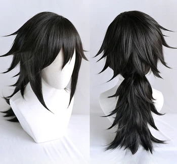 Tomioka Giyuu uzun siyah at kuyruğu peruk Anime ısıya dayanıklı saç Cosplay kostüm peruk