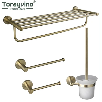 Torayvino Fırçalanmış Altın Banyo Aksesuarları Seti Paslanmaz Çelik Banyo Donanım Duvara Monte Küvet Tuvalet Fırçası ve Havlu Askısı