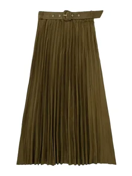 TRAF kadın Zarif Süet Midi Etek Vintage Kadın Yüksek Bel Pilili Sıcak Etekler Moda Kemer Dekorasyon Katı A-Line Etek