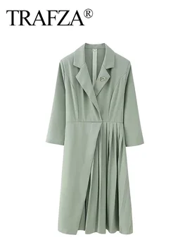 TRAFZA Kadın Asimetrik Elbise Katı Turn-Aşağı Yaka Üç Çeyrek Kollu Aşk Broş Süslemeleri Bahar Elbise Kadın 2024 Moda