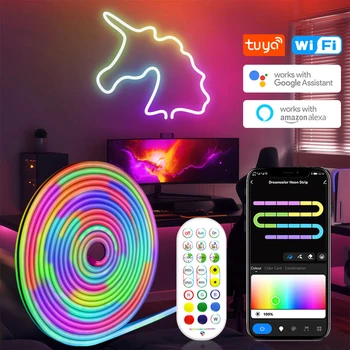 Tuya WiFi 12V Neon ışık RGBIC Dreamcolor su geçirmez Led Şerit 96LEDs / m 2m 3m 5m Esnek Led Halat Bant Çubukları Dekor Alexa Kontrolü