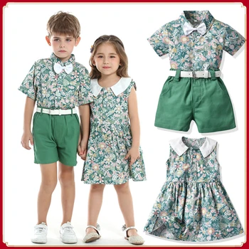 Twins Giysileri Çocuklar için Erkek ve Kız Çiçek Gömlek Elbise Kız Kardeş ve Erkek Kardeş Eşleşen Kıyafet Düğün Doğum Günü Fotoğraf