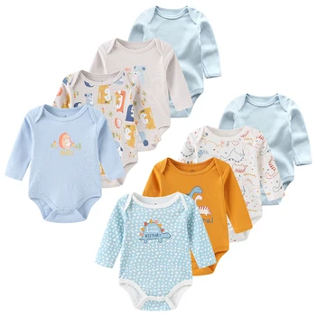 Unisex Pamuk Bebek Kız Giysileri Setleri 4 Adet Uzun Kollu Yeni Doğan Erkek Bebek Giysileri Baskı Bodysuit Düz Renk Hayvan Bebes
