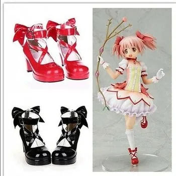US4 - 12 Tatlı Bayan Madoka Kaname Cosplay Yüksek Topuklu Lolita İlmek Yuvarlak Ayak Çapraz Sapanlar Ayakkabı Pompaları 12 Şeker Renk Artı Boyutu