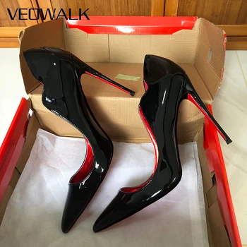 Veowalk Dalga Kesim Kadın Sivri Burun Stiletto Pompaları Moda Tasarım Kırmızı Içinde Kayma 12 cm Yüksek Topuk Ayakkabı Parlak Çıplak Siyah Beyaz