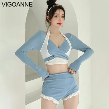 VigoAnne 2023 Katı Çapraz Push UP Mayo Kadınlar Seksi Uzun Kollu Verge bikini seti Kore Slim Fit Mayo Plaj Mayo