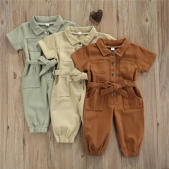 Vintage Bebek Kız Giysileri Yaz Bebek Romper Katı Kısa Kollu Düğme Cep Tulum Tulumlar Tulum Kıyafetler