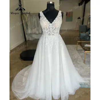 Vintage Dantel Boho V Boyun Backless Bir Çizgi Sivil düğün elbisesi Kadınlar için 2024 Sweep Tren gelinlik vestido de fiesta de boda