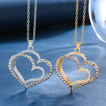 Vintage Parlak Kristal Kalp Damla Küpe Çift Katmanlı Rhinestone Aşk Kalp Kolye Kolye kadın mücevheratı Seti Aksesuarları