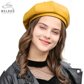 WELROG 2020 PU Deri Sekizgen Şapka Kadın Bahar Şapka Düz Renk Bere Olmadan Ağız Sekizgen Şapka Moda Newsboy Kapaklar Bere