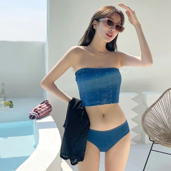 wısuwore bikini seti Kadınlar Vintage Yüksek Bel Kore Tarzı Bodycon Muhafazakar 3 Parça Mayo Seksi Kolej Beachwear