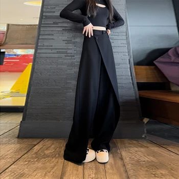 Y2K düzensiz eklenmiş düz bacak pantolon kadın sonbahar tasarım kızarmış sokak zayıflama yüksek belli takım elbise pantolon
