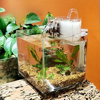 Yaratıcı Balık Tankı Ekolojik Küçük Mini Ev Masası Süper Beyaz Dilsiz Manzara Tembel Değişim Su Akvaryum Havalandırma