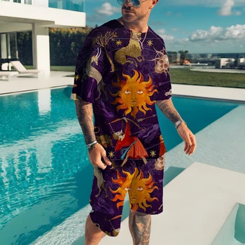 Yaz erkek tişört Seti Avrupa ve Amerikan Alfabesi Kafatası Büyük Boy Takım Elbise Trendi Rahat Plaj Tarzı 3D baskılı tişört Şort