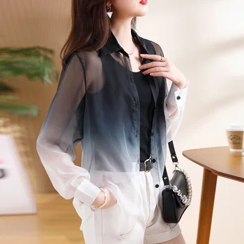 Yaz Kore Gevşek Güneş Koruma Gömlek Moda Yavaş Yavaş Değişen Renk Gömlek Kadınlar için İnce Hırka Bluz Elbise 27055