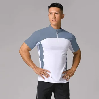 Yaz Çabuk kuruyan Koşu Erkekler Spor Kısa kollu tişört Standı Yaka Yarım zip Spor fitness giysileri Artı Boyutu Rahat Üst
