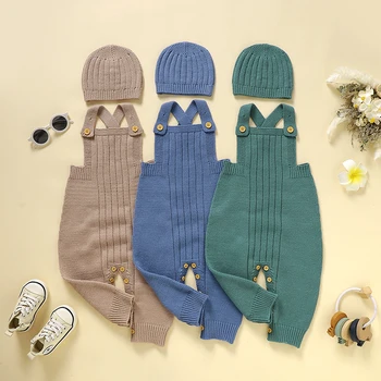 Yeni Bebek Tulum Örgü Toddler Bebek Kız Sonbahar Kış Tulum Kıyafet Fırfır Kolsuz Örme Sling Tulum + Şapka Rahat Setleri