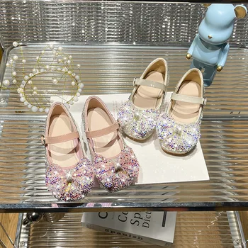 Yeni Kızlar Kristal Yüksek Topuklu Prenses Çocuk Dans Ayakkabıları Yumuşak Taban Performans Çocuklar deri ayakkabı Bebek Yürümeye Başlayan okul ayakkabısı 2A