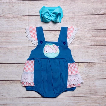 Yeni Moda Yaz Pembe Kolsuz Bebek Kız Tulum Balina Nakış Mavi Bodysuit Pembe Kafes Çiçek Tek Parça Giysi