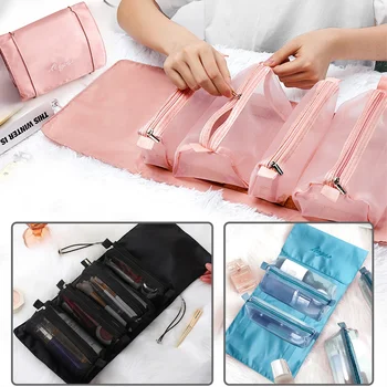 Yeni Örgü Kozmetik Çantaları Roll-Up Makyaj Çantası, 4-İn-1 Katlanabilir Makyaj Çantası Taşınabilir Seyahat Tuvalet Organizatör Ruj çanta