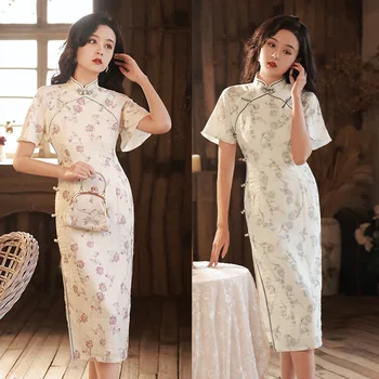 Yeni Şık Bayanlar Cheongsam Yaz Çin tarzı Mandarin Yaka Elbise Bayan Baskı Qipao Ince Parti Ziyafet elbise Vestido