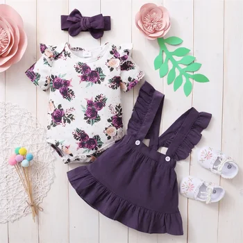 Yenidoğan Bebek Kız Giysileri Set Moda Güzel Kısa Kollu Çiçek Bodysuit + Kayış Etek + Kafa Bandı 3 ADET Bebek Bebek Kız Giysileri
