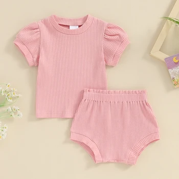 Yenidoğan Bebek Kız yaz kıyafetleri Kısa Kollu Üstleri Nervürlü T-Shirt Katı şort takımı Rahat Bebek Kız Giysileri Setleri