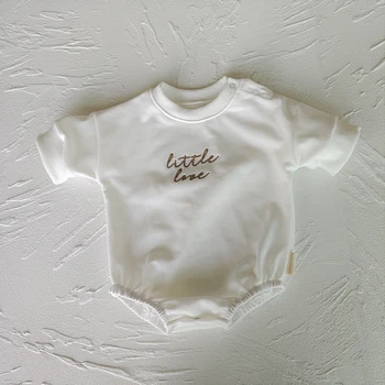 Yenidoğan Toddler Bebek Bodysuit Mektup Nakış Pamuk Tulum Yaz Kabarcık Kısa kollu Bej Bebek Kazak Romper Giyim