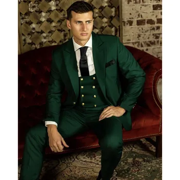Yeşil Takım Elbise Erkekler İçin Zarif Düğün Kostüm Erkek Arkadaşı Tek Göğüslü Çentik Yaka Ceket Pantolon Yelek Üç Adet Veste Homme Lüks