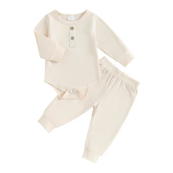 Yürüyor Bebek Erkek Kıyafetler Uzun Kollu Ekip Boyun Romper Düz Renk Pantolon Setleri Yenidoğan Bebek Sonbahar Kış Giysileri