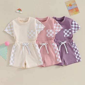 Yürüyor bebek Kız Giysileri Pamuk 2 adet Kıyafetler Dama Tahtası Patchwork Kısa Kollu T-Shirt ve Elastik Bel şort takımı