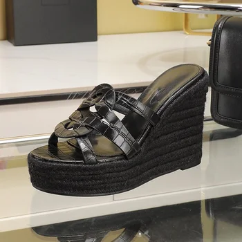 Yılan Baskı Deri Çizgili Kama Platformu Topuklu Sandalet Kadın Espadrilles Siyah Slingback Terlik Ekose İçi Boş rahat ayakkabılar