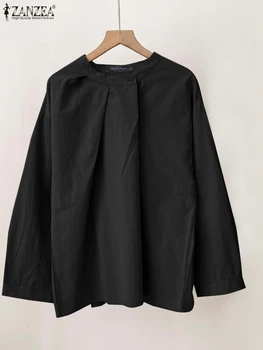 ZANZEA Moda Yuvarlak Boyun Pilili Gömlek Kadın uzun Kollu Bluz Casual Gevşek Düz Renk Düğmesi Blusas 2024 Yaz Ofis Tunik