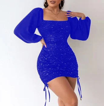 Zarif Akşam Parti Elbiseler Kadınlar Seksi Slim Fit Altın Sarılmış Kalça İpli Kare Boyun Elbise 2023 Sonbahar Bahar Yeni Rahat