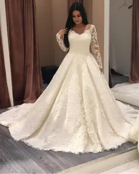 Zarif Dantel Uzun Kollu düğün elbisesi Gelin Scoop Boyun Düğün gelinlikler Aplikler Robe De Soirée De Mariage